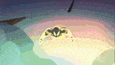 a cartoon character is flying through the air with a rainbow in the background