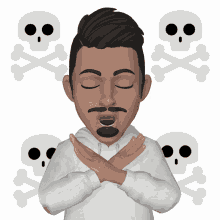 a man with his eyes closed is surrounded by crossed bones