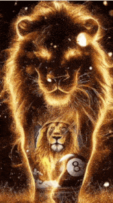 a painting of a lion and a pool ball