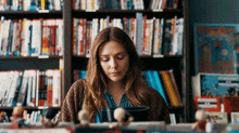 a woman is reading a book in a library with a shelf full of books and toys in the background