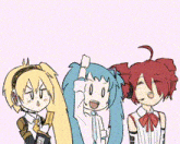 a group of three anime characters are standing next to each other .