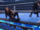 a woman is laying on the edge of a wrestling ring with a sign that says smack on it