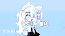 a drawing of a girl with white hair and ears giving a thumbs up .