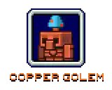 a pixel art copper golem with a blue hat