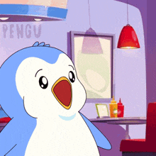 a cartoon penguin is standing in front of a sign that says ' pengu '