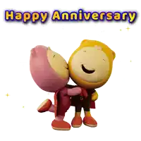 a happy anniversary card with two cartoon characters hugging each other