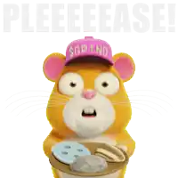 a cartoon hamster wearing a pink hat that says sedtnn