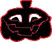 a pixel art drawing of a black pumpkin with a red outline and white eyes .
