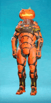 a robot with a pumpkin head is standing on a blue background