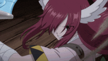 a girl with red hair and white wings holds a sword