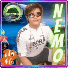 a boy wearing sunglasses and a bora shirt