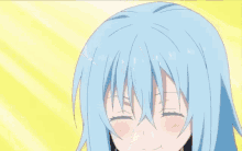 a girl with blue hair is holding a piece of meat in her hand and smiling .