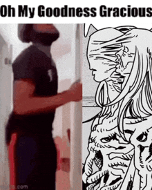 a man is standing in front of a door next to a drawing of a woman with long hair .