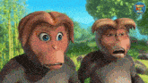two cartoon monkeys are standing next to each other and one has a ponytail on
