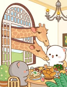a cartoon drawing of a giraffe eating from a table
