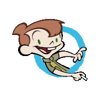 a cartoon character with brown hair and green eyes is pointing