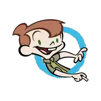 a cartoon character with brown hair and green eyes is pointing