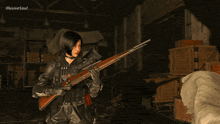 a woman is holding a rifle in a dark room with illusive soul written on the bottom