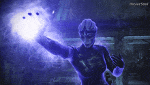 a woman in a purple costume is surrounded by purple smoke and the words illusive soul on the bottom right