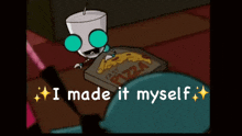 a cartoon character is holding a box of pizza with the words i made it myself