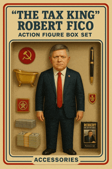 a poster for the tax king robert fico action figure box set accessories