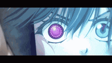 a close up of a person 's eye with a purple eye