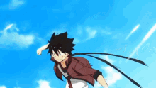 a cartoon character is flying through the air with a sword .