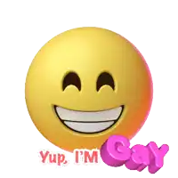 an animated smiley face with the words yup i 'm gay behind it