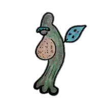a cartoon drawing of a bird with a leaf on its tail