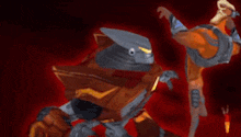 a cartoon character is standing in front of a fire and holding a sword .
