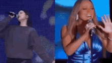 Loona Hyunjin Mariah Carey Oprah Collage Singing Holding Mic Beautiful Songstresses Emitting Powerful Waves Of Sound Touching GIF
