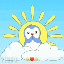 a penguin sitting on a cloud with the sun behind it