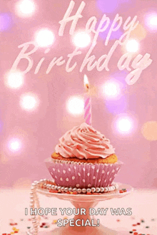 a birthday card with a pink cupcake with a candle on top