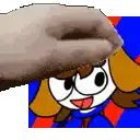 a hand is holding a cartoon character 's head in front of a colorful background .