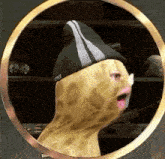 a peanut wearing a hat and a mask is in a circle with a gun in the background .