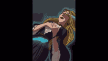 a cartoon of a woman with long blonde hair and a black dress