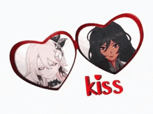 a couple of hearts with a picture of a girl and the word kiss on it .