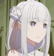 an anime girl with white hair and purple eyes