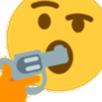 a hand is holding a gun in front of a smiley face