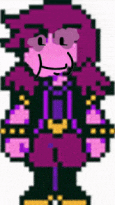 a pixel art drawing of a person with purple hair and a beard .
