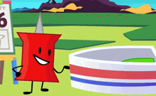 a red pin with arms and legs is smiling in front of a sign that says party 6