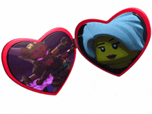 a pair of heart shaped sunglasses with a picture of a lego girl