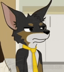 a cartoon fox wearing a yellow tie is making a funny face .