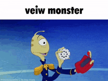 a cartoon character is holding a phone and the words veiw monster are above him