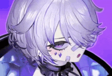 a close up of a purple haired anime girl with purple eyes and a choker .