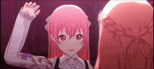 a girl with pink hair and red eyes is waving