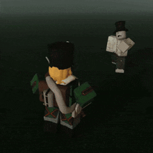 a couple of lego figures standing next to each other with one wearing a hat and holding a book