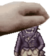 a pixel art of a hand holding a cartoon character