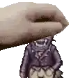 a pixel art of a hand holding a cartoon character