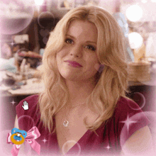 a woman in a pink dress with a pacifier and a hand icon